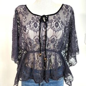 Bella D Lace Round Neck Bow Accent Elastic Waist Charcoal Gray Top  Size S